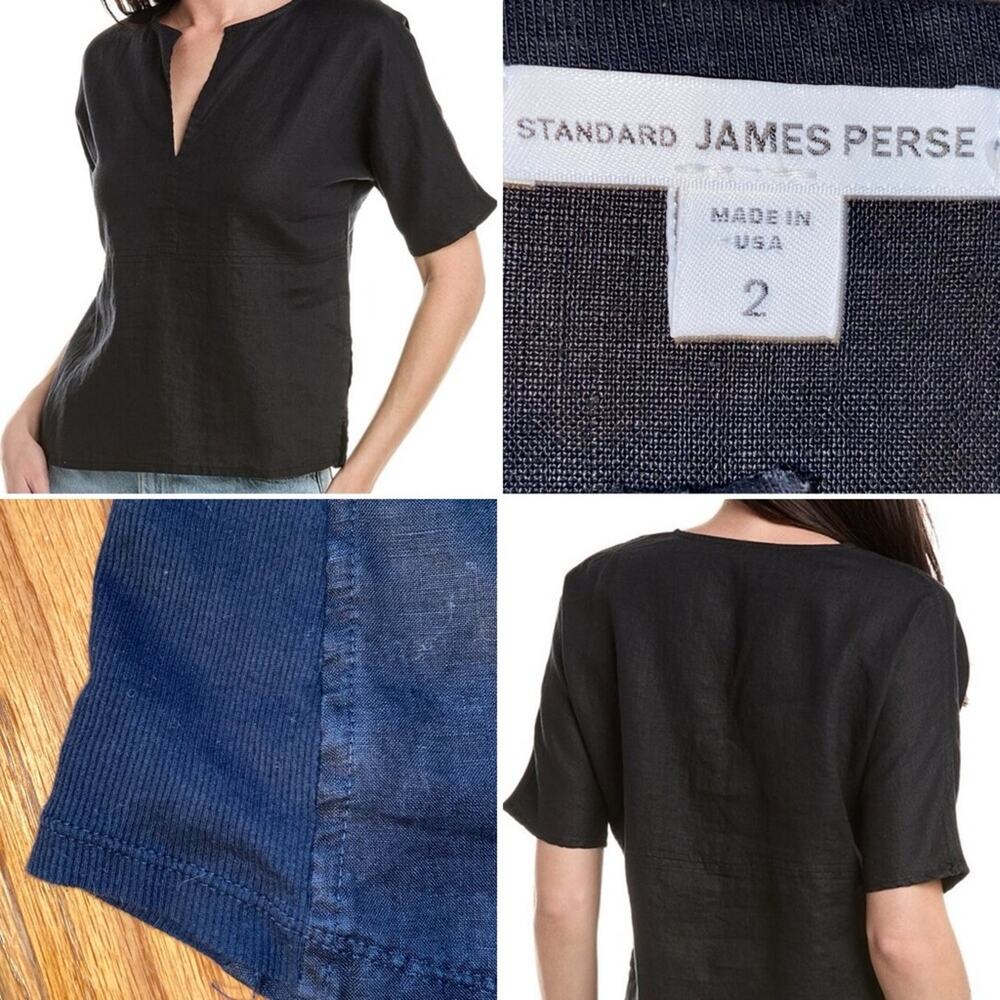 STANDARD JAMES PERSE $189 Black Womens Contrast Panel SS Linen Blouse 2 MED EUC